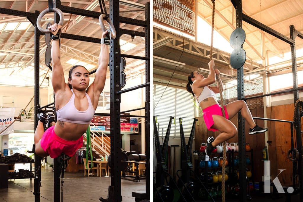 Aliana training on gymnastic rings and climbing a rope